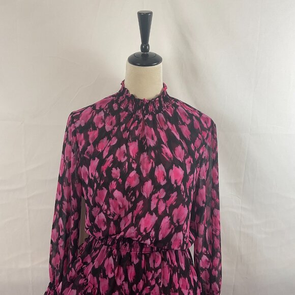 Misa Dress M Black Pink Print Gathered Neck Sleeves Waist Ruffle Long Semi-Sheer - Picture 2 of 13